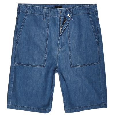 Mid blue wash wide leg denim worker shorts